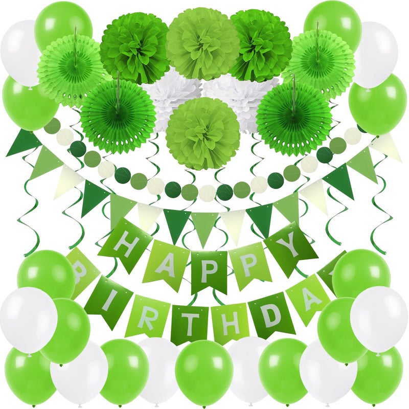 ZERODECO Birthday Party Decoration - Green & White Banner, Fans, Pom Poms, Balloons & More - Image 1